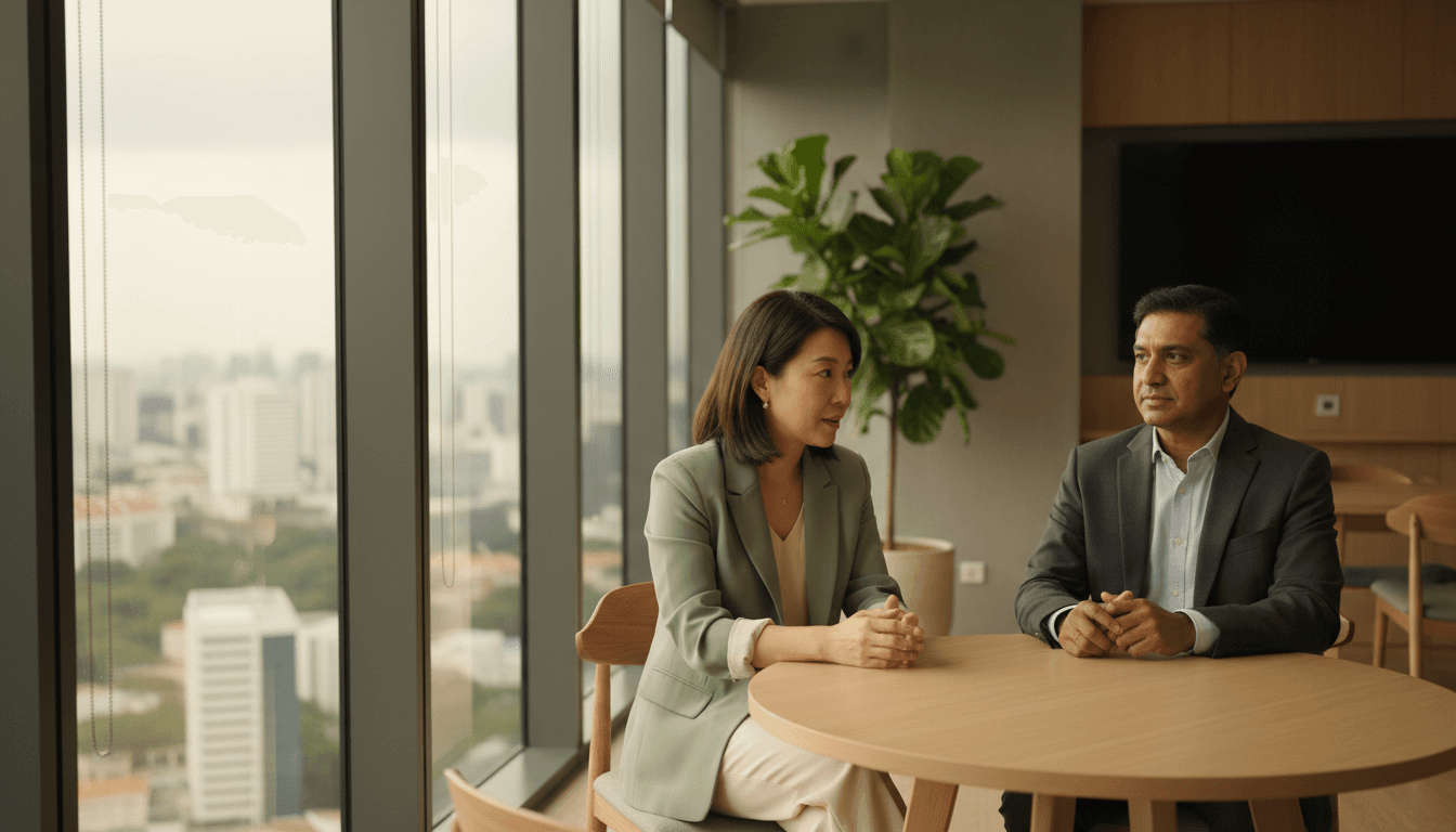 Professional coach in conversation with executive client in modern Singapore office