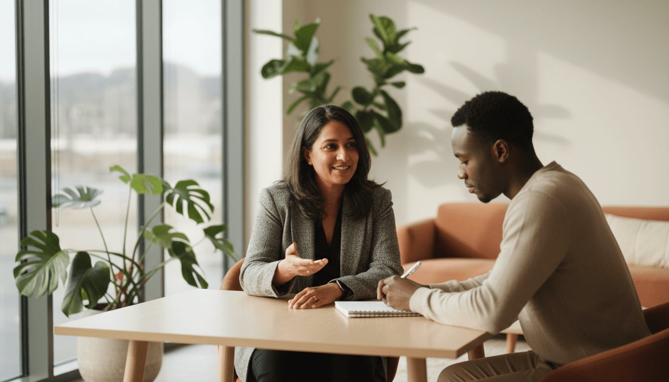 Executive coach and client in focused one-on-one coaching session