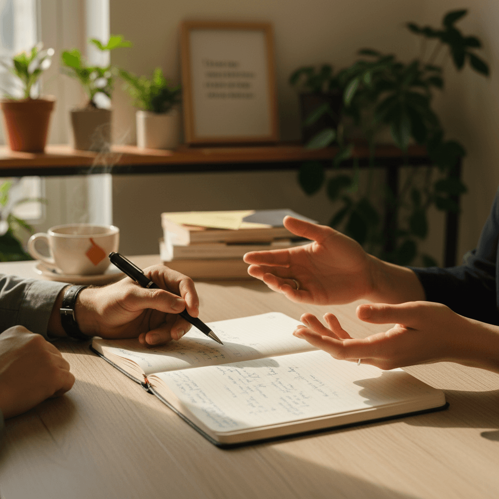 Executive coaching session in a modern Singapore office with warm natural light